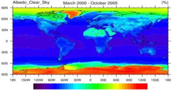 Figura 1: Média do Albedo planetário em condições de céu claro entre março de 2000  e outubro de 2005 utilizando dados do CERES