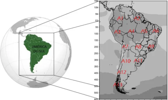 Figura 9: Divisão da América do sul em 13 áreas de 10º de latitude por 10º longitude,  aproximadamente 1000 km x 1000 km