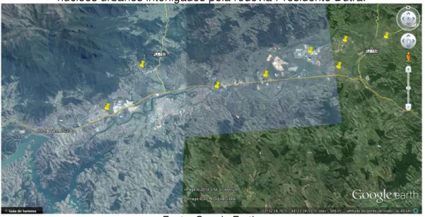 Figura 16: Região do Vale do Paraíba Fluminense. Os marcadores amarelos indicam os  núcleos urbanos interligados pela rodovia Presidente Dutra