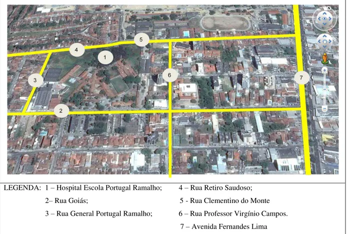 Figura 28: Hospital Escola Portugal Ramalho, localizado no bairro do farol, e as ruas circundantes