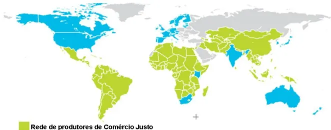Figura 1 – Mapa do mundo com países produtores e que comercializam produtos Fair Trade