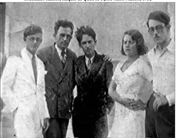 Figura 2 - Alguns membros da  roda de Maceió . Da esquerda para a direita: Valdemar Cavalcanti,  Graciliano Ramos, Raquel de Queiroz e José Auto