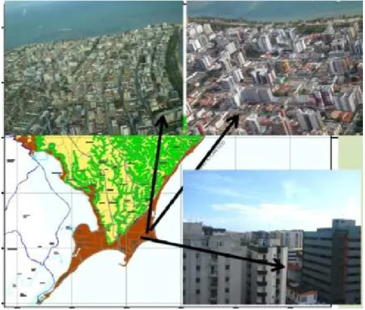 Figura 08: Vista aérea dos bairros Pajuçara (foto a direita) e Ponta Verde (fotos à cima) e sua  localização no mapa com características de adensamento em Maceió