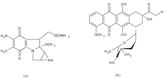 Figura 4. Quinonas com atividade farmacológica (a) mitocomicina e (b) daunorubicina. 