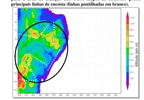 Figura 5 - Recorte de um mapa de topografia da região Nordeste do Brasil com destaque  para  a  área  de  atuação  dos  CCM  (elipse  de  contorno  preto)  e  para  as  principais linhas de encosta (linhas pontilhadas em branco)