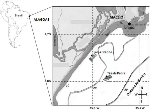 Figura 3 – Parte do litoral central de Alagoas. Destaque para o porto de Jaraguá e os  dois locais de coleta