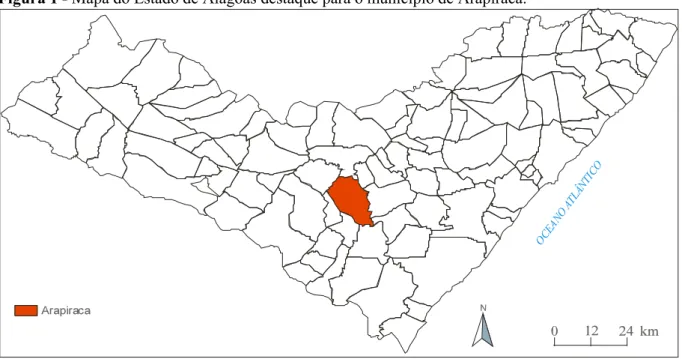 Figura 1   Mapa do Estado de Alagoas destaque para o município de Arapiraca. 