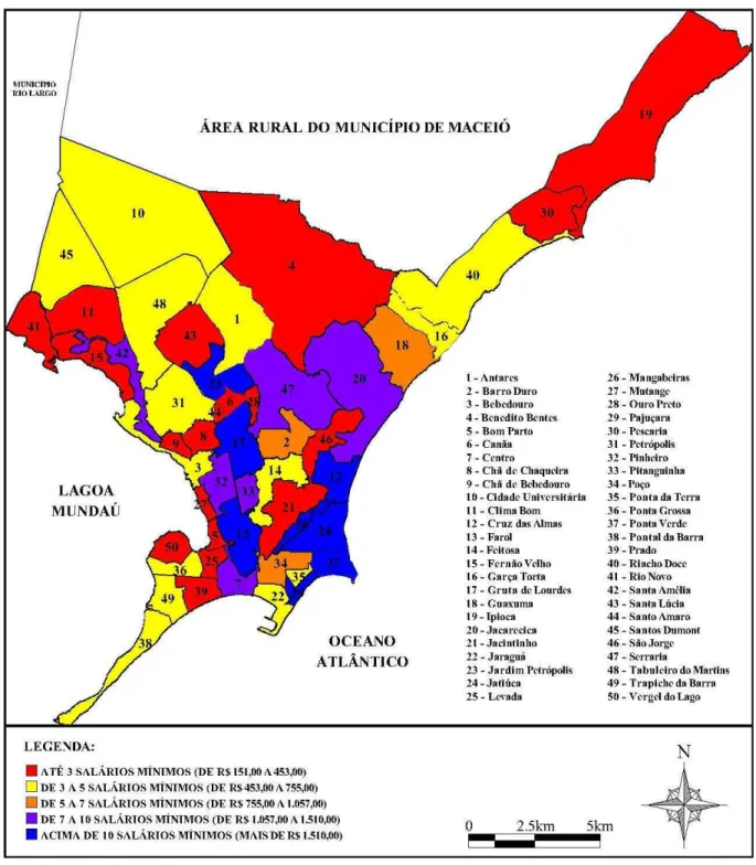 Figura 6: Espacialização da renda familiar na cidade de Maceió  Fonte: Base cartográfica da Prefeitura Municipal de Maceió, 2009