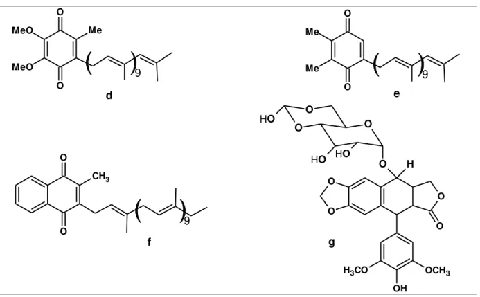 Figura 9. Estruturas químicas de ubiquinonas (d), plastoquinonas (e) e vitamina tipo K (f)