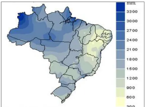 Figura 02- Total anual de precipitação pluviométrica (mm) do Brasil. Fonte: Inmet (2009)