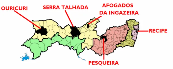 Figura 4.  Mapa do Estado de Pernambuco que mostra os principais municípios onde atua o NAPER     Fonte: Governo do estado de Pernambuco 