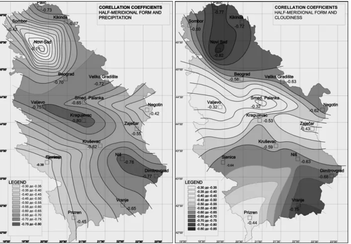 Figure 4. Half-meridional circulation form and annual precipitation (left)   and half-meridional circulation form and mean annual cloudiness (right), 1949-2004