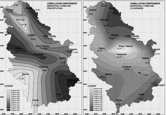 Figure 6. Meridional circulation form and annual precipitation (left) and meridional circulation   form and mean annual cloudiness (right), 1949-2004