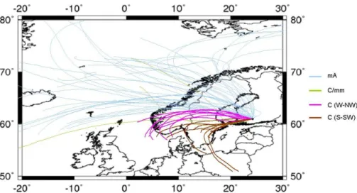 Fig. 2. Back-trajectory plots (48 h backward, 500 m a.g.l. height) obtained by running the HYS- HYS-PLIT model every four hours from 28 March to 21 April