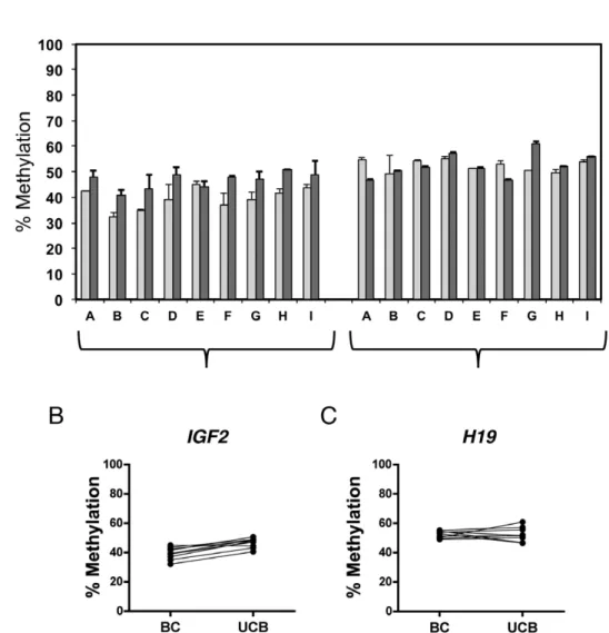 Figure 5. Matched umbilical cord blood and buccal cell methylation profiles. (A) Analysis of methylation at the IGF2 and H19 DMRs in 9 pairs of matched buccal cells (BC; light grey bars) collected at birth and umbilical cord blood (UCB; dark grey bars)