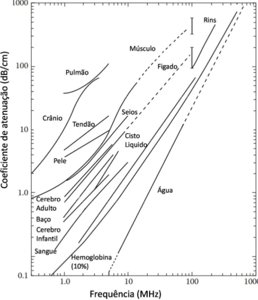 Figura 4 - Coeficiente de atenuação conforme a variação da frequência para alguns  tecidos biológicos 