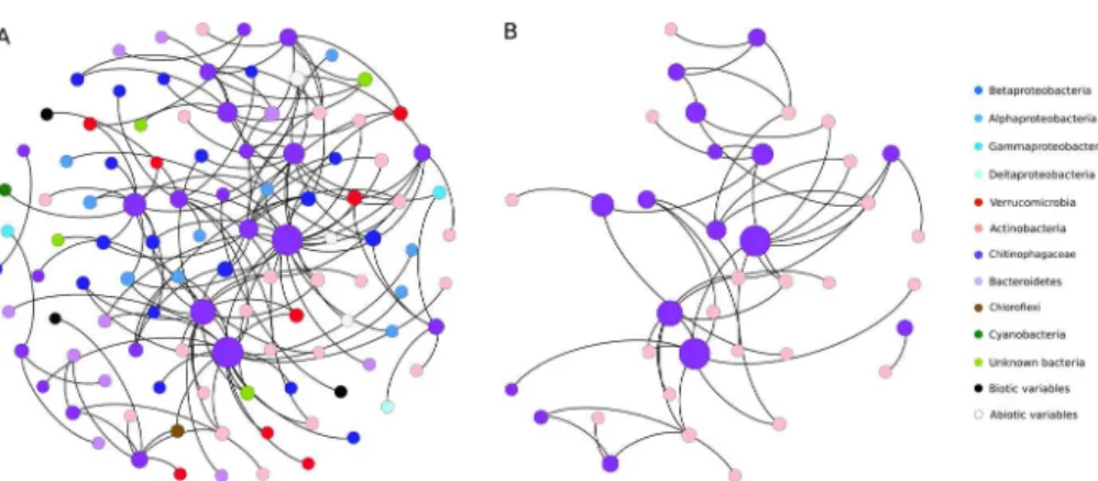 Figure 4. Subnetworks organized around bacterial OTUs assigned to Chitinophagaceae. Panel (a) corresponds to the ensemble of co-occurrences between members of Chitinophagaceae and other bacteria