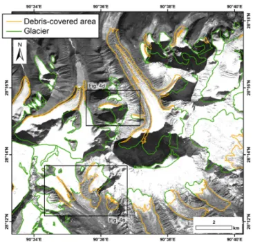 Figure 3. Examples of manually delineated outlines of glaciers and debris-covered areas.