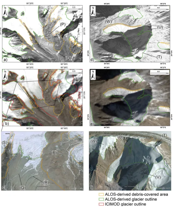 Figure 4. Complex surface features on the termini of debris-covered glaciers in our study site, shown in (a) ALOS PRISM imagery, (b) Landsat-8 imagery, and (c) Google Earth (location shown in Fig