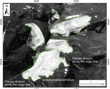 Figure 5. Separation of connected glaciers in our study site. Basic separation is performed along ridge lines identified by contour lines.