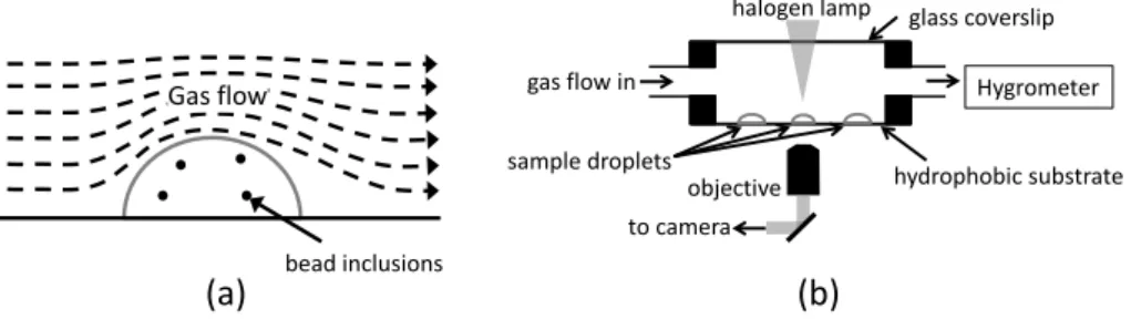 Fig. 2. (a) Illustration of flow around a sample particle. (b) Schematic of instrumental setup where the hydrophobic substrate was either siliconized glass or Teflon