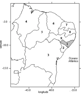 Figura 1  –  O Nordeste Brasileiro e seus Estados: 1 - Alagoas. 2 - Sergipe. 3 - Bahia