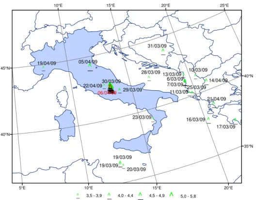 Fig. 1. Seismic events with M L &gt;3.5 occurred in March and April 2009. Red star indicates the main shock of Abruzzo earthquakes (INGV, 2009).
