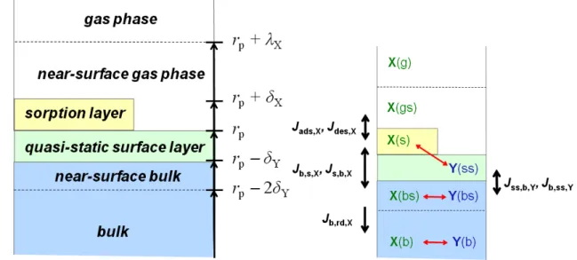 Fig. 1. Kinetic double-layer surface model (K2-SUB): (a) model compartments and distances from the particle centre; (b) model species, transport fluxes (black arrows) and chemical reactions (red arrows)