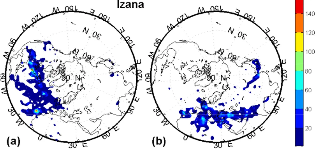 Fig. 8. Spatial distribution of matches between MOZAIC aircraft observations and (a) backward trajectories or (b) forward trajectories initialized at Izaña at altitudes between 5–15 km