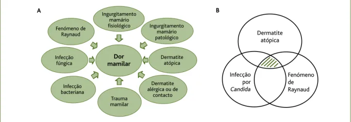 Figura 1. Etiologia da dor mamilar. (A) Causas principais da dor mamilar em mulheres a amamentar