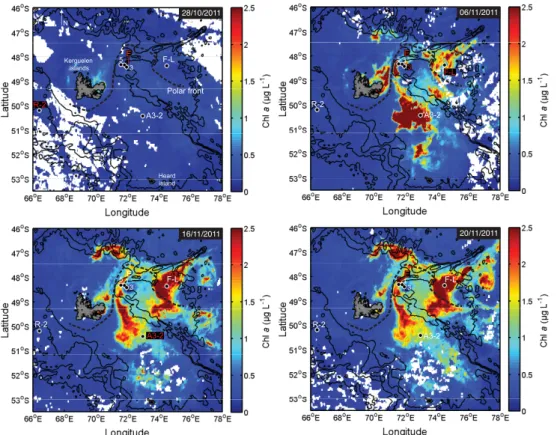 Figure 1. MODIS-Aqua satellite (CLS-CNES) images of surface chlorophyll a concentration (Chl a) at di ff erent bloom stages from the 28 October to the 20 November 2011