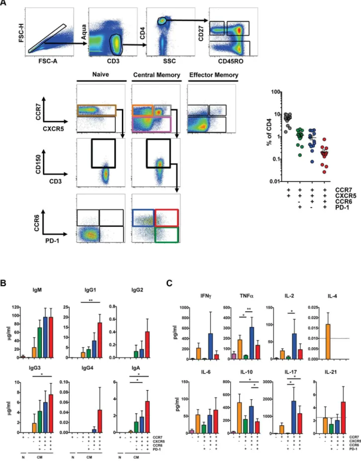 Figure 1. Characterization of peripheral T FH cells. (A) Left: Representative flow cytometry plots from HIV-uninfected PBMC showing the gating scheme for isolating T cell subsets for the T cell/B cell coculture assay