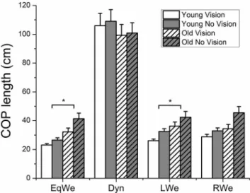 Figure 3. Group mean ± SE (N = 12) VTC mean and minimum values for both COP and COM as a function of age, vision and loading.