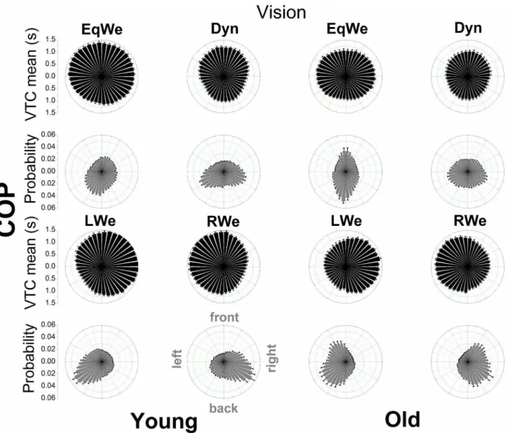 Figure 4. Polar distributions of VTC mean magnitude and probability of a virtual contact across the 40 boundary segments as a function of age and loading (with normal vision) using COP data