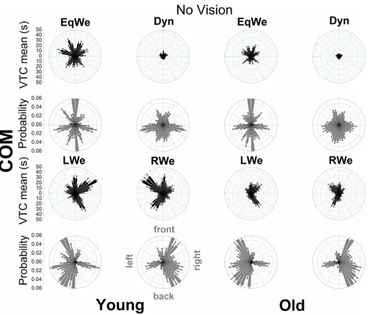 Figure 7. Polar distributions of VTC mean magnitude and probability of a virtual contact across the 40 boundary segments as a function of age and loading (visual information removed) using COM data