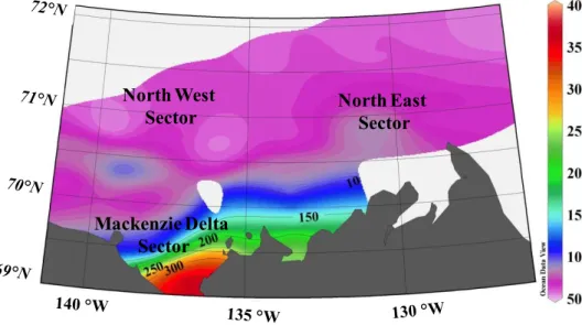 Fig. 4. Map of the surface DOC (µM) distribution in Beaufort Sea during the MALINA cruise.