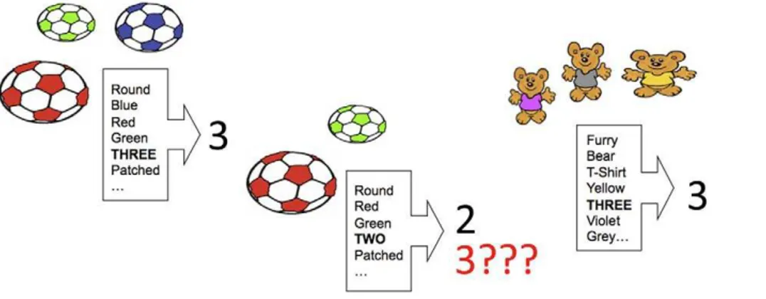 Figure 2. How the number three is learned over time. In competitive discrimination learning, positive evidence (reinforcement) increases associative value for cues, whereas negative evidence (prediction-error) correspondingly decreases value