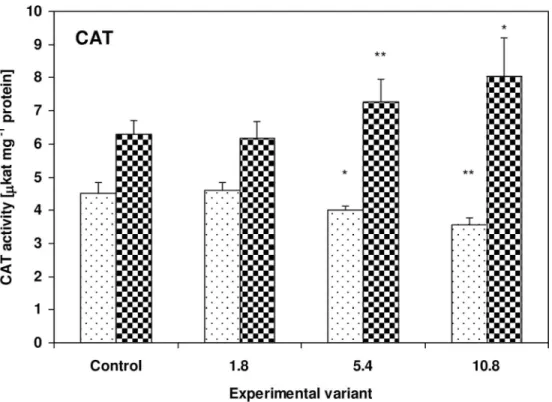 Fig 5. Activity of CAT in the leaves of zucchini (square without filling) and cucumber (square with dots) grown on the control and sewage sludge amended soil