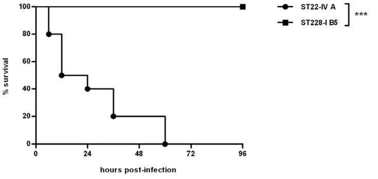 Figure 4. Survival curves of mice infected with MRSA clones ST228-I (variant B5) and ST22-IV (variant A)