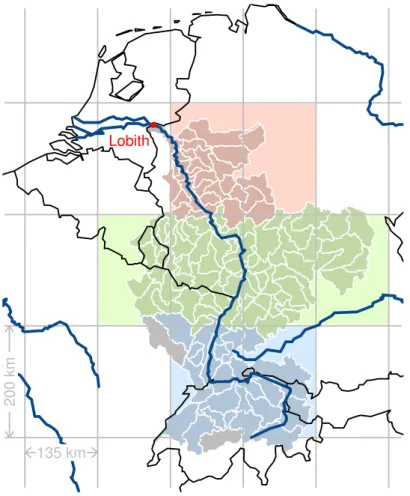 Fig. 1. The Rhine basin and ESSENCE grid. The basin is represented by 8 cells: 2 in the North Rhine (pink), 4 in the Central Rhine (green) and 2 in the Alpine Rhine (blue) region