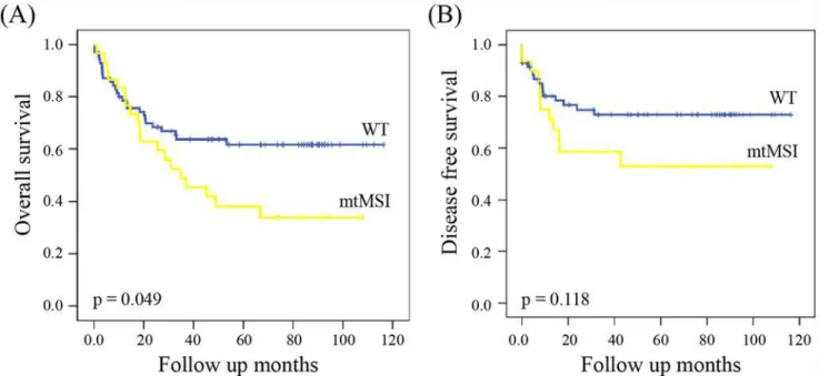 Fig 1. Kaplan — Meier curves for overall survival (A) and disease free survival (B) of colorectal cancer patients according to mitochondrial microsatellite instability status.