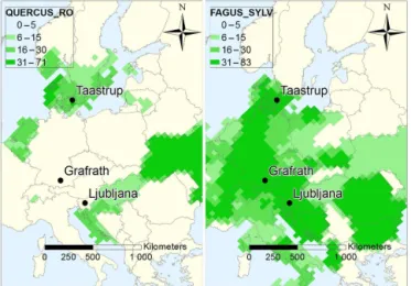 Figure 1. European map over visited International Phenological Garden sites and the reported gridded tree density in percentage of English oak (left) and European beech (right)