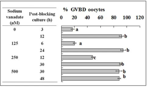 Figure 6. Nuclear progression of mouse oocytes after GVBD blocking for 24 h with roscovitine in the presence of sodium vanadate at different concentrations