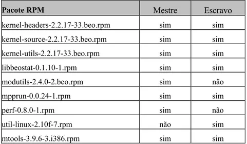 Tabela 1. Pacotes instalados no nodo mestre e nos nodos escravos 