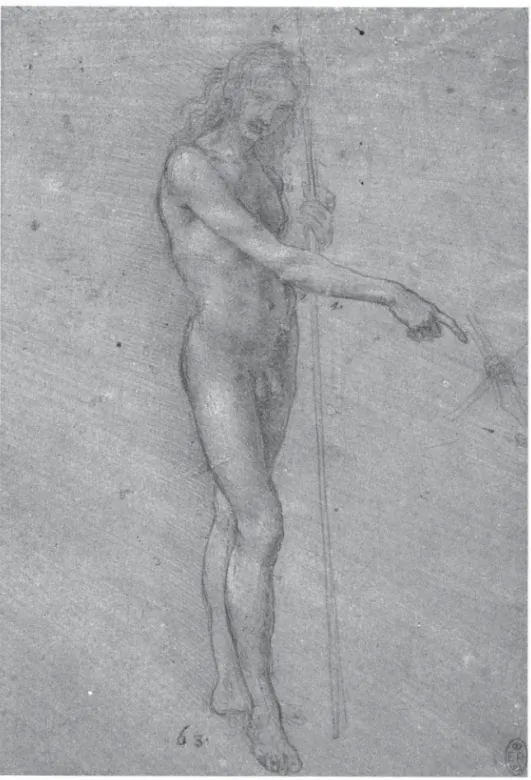 Ilustração 1. Leonardo da Vinci. Estudo para um São João Batista. Ponta de metal com retoques de branco sobre papel preparado em azul, 18,7 x 12,2 cm, circa 1478