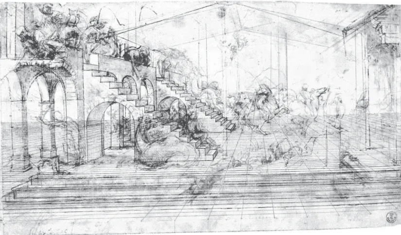Ilustração 4. Leonardo da Vinci. Estudo de perspectiva para a Adoração dos Magos. Pena, nanquim e aguada sobre ponta de metal sobre papel, 16,2 x 29,0 cm, circa 1481