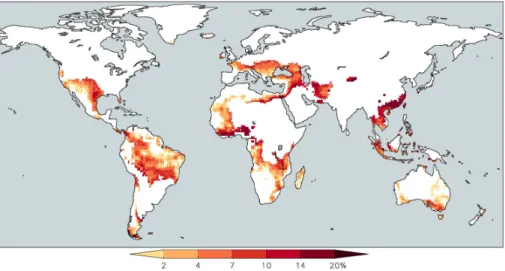 Figure 5. Change from the historical to the RCP8.5 case in the average IASD of monthly mean precipitation shown only for locations where it is positive but the change in annual mean precipitation is negative.