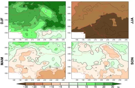 Fig. 2. Composite maps of the relative seasonal mean changes of RR5 using 11 bias- bias-corrected simulations for 2071 – 2100 (reference period: 1971 – 2000) 