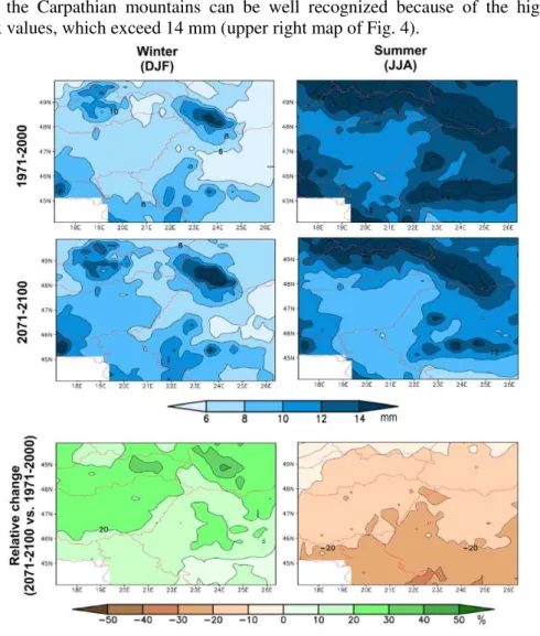 Fig. 4. Composite maps of the simulated R95p values for winter (on the left) and summer  (on the right) in 1971 – 2000 (upper panel) and 2071 – 2100 (middle panel)