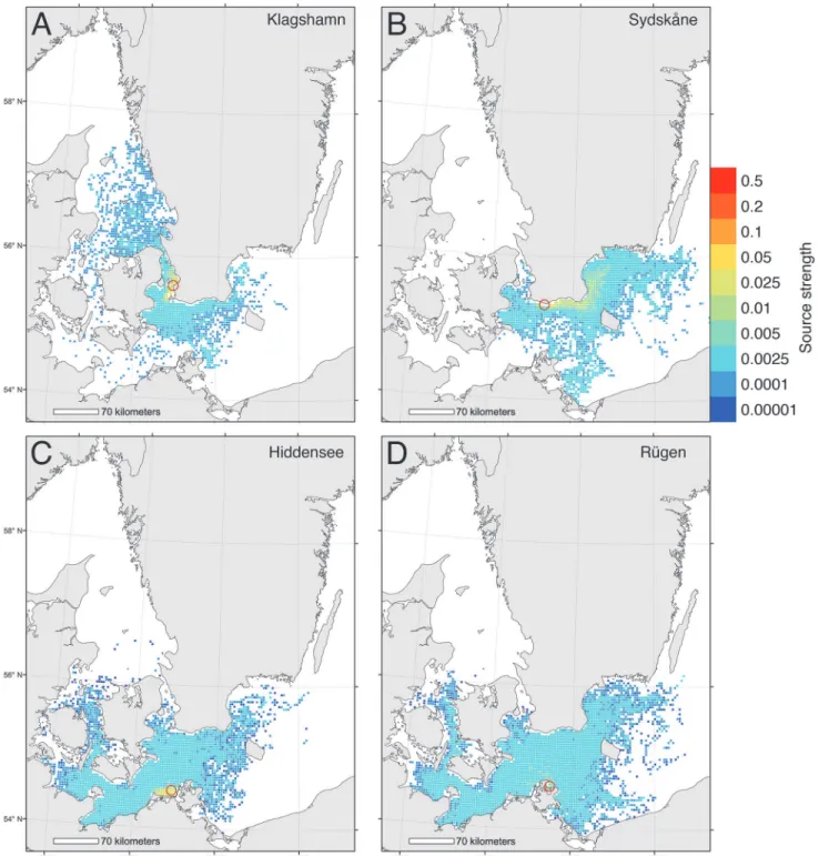 Fig 2. Biophysical simulations showing sources of larvae to 4 Baltic locations. Relative strength of source areas delivering larvae to 4 target areas.
